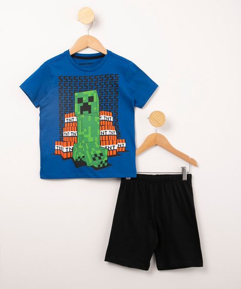 pijama infantil de algodão manga curta gola careca estampa minecraft azul