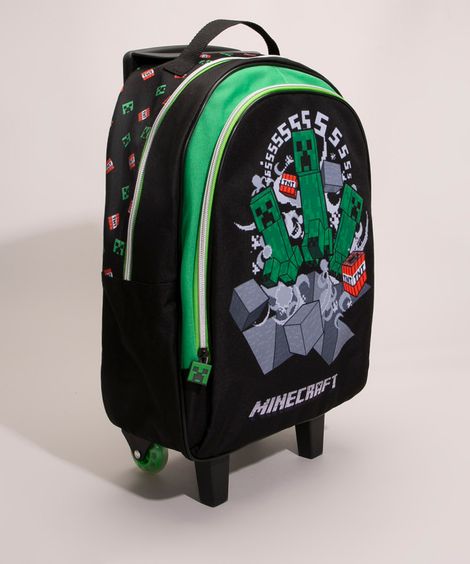 mochila escolar infantil com rodinhas minecraft preto