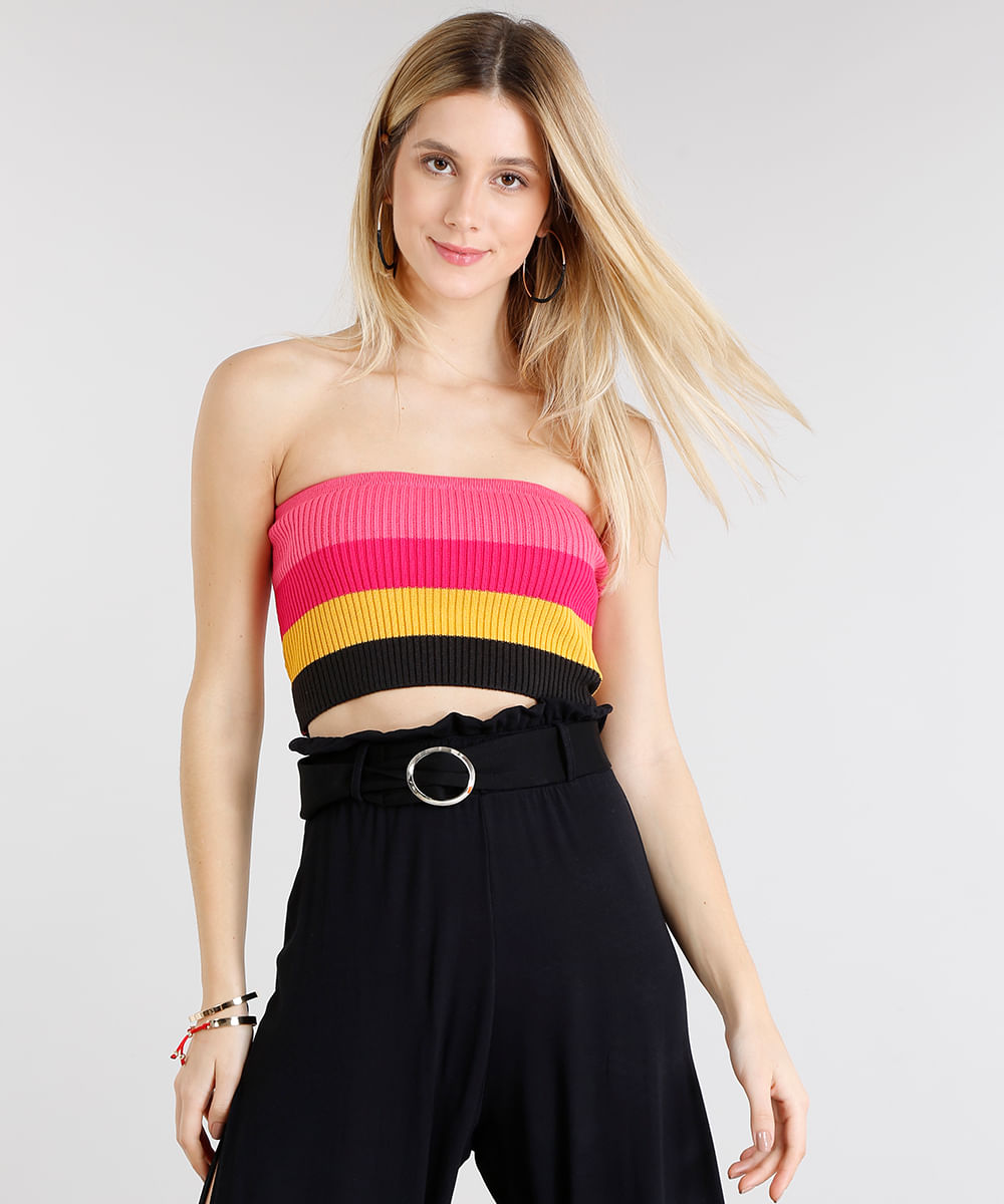 Top Faixa Feminino em Tricô com Listras Rosa
