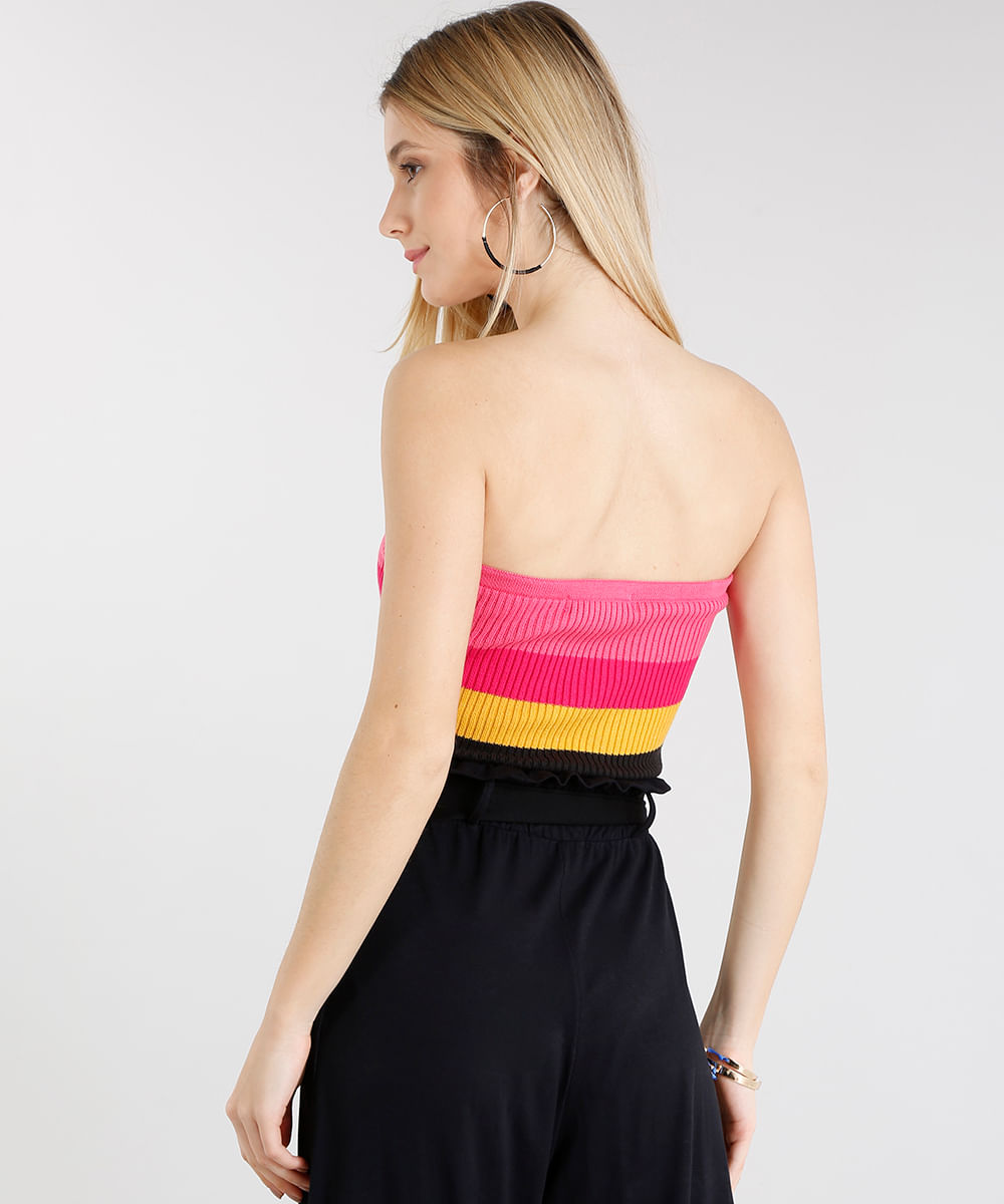 Top Faixa Feminino em Tricô com Listras Rosa