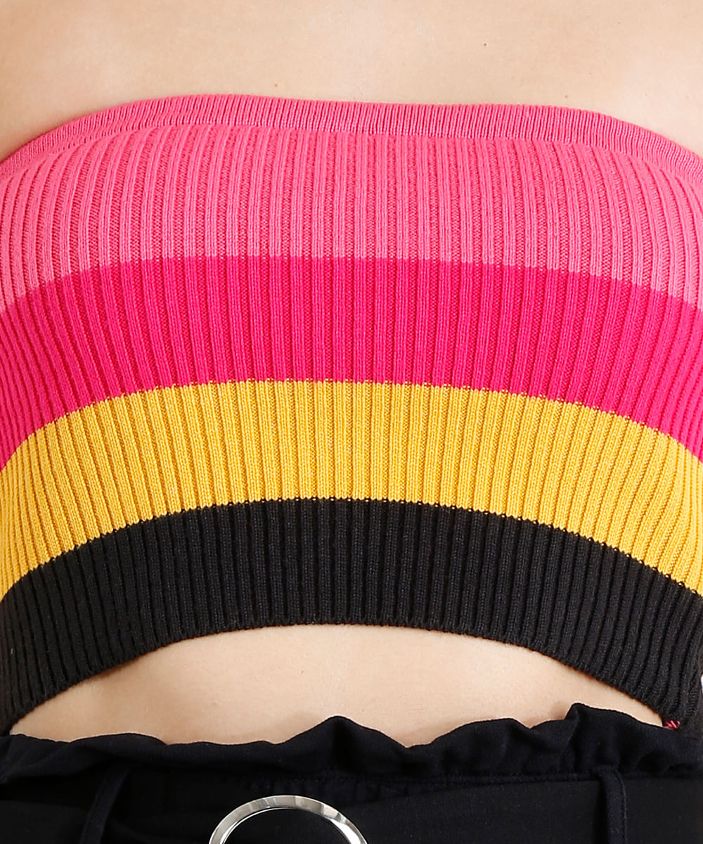 Top Faixa Feminino em Tricô com Listras Rosa