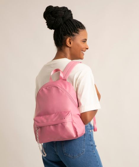 mochila em nylon com corrente rosa