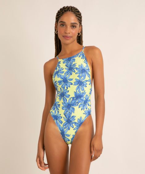 maiô decote redondo estampado floral  com proteção uv50+ verde
