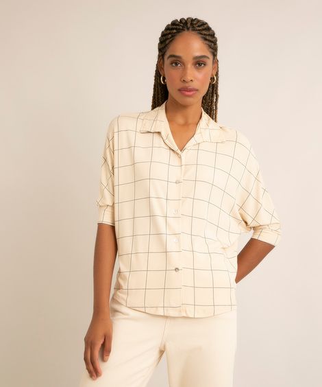 camisa em viscose manga 3/4 estampado quadriculado grid  bege