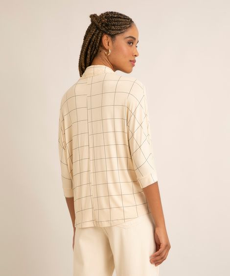 camisa em viscose manga 3/4 estampado quadriculado grid  bege