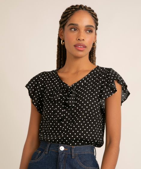 blusa em viscose gola v com laço manga curta babados estampado poá  preto