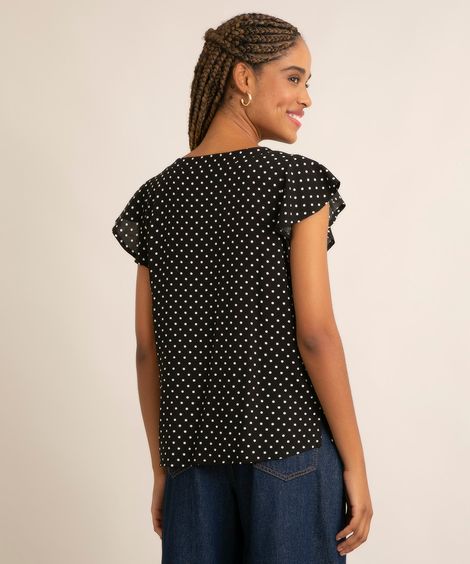 blusa em viscose gola v com laço manga curta babados estampado poá  preto