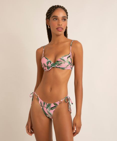 biquíni tanga com amarração e argolas estampa folhagens com proteção UV50+ rosa