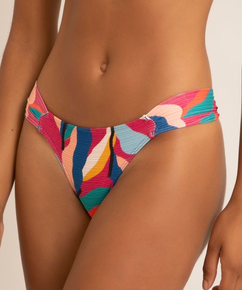 biquíni tanga bombom canelado estampa de folhagem abstrata com proteção uv50+ multicor