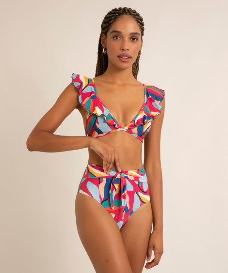 biquíni tanga hot pant com cinto estampa de folhagem abstrata e proteção uv50+ multicor