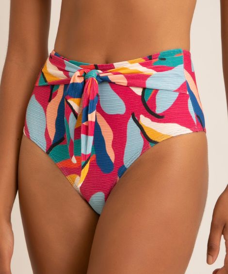 biquíni tanga hot pant com cinto estampa de folhagem abstrata e proteção uv50+ multicor
