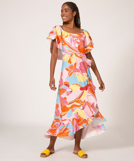 vestido cigana babados estampado floral rosa