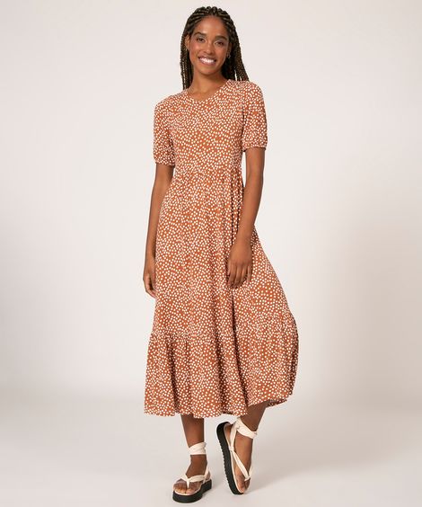 vestido em viscose midi decote redondo manga curta estampado poá marrom