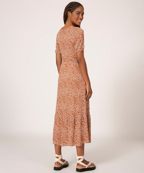 vestido em viscose midi decote redondo manga curta estampado poá marrom
