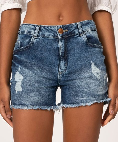 Short Jeans Feminino Reto com Rasgos Azul Médio