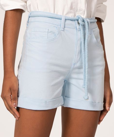 short de sarja cintura média com cordão azul claro