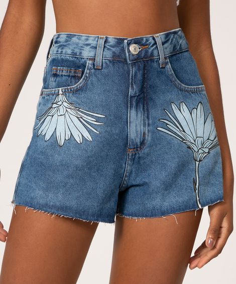 short vintage cintura super alta estampado floral azul médio