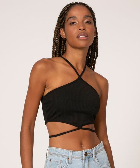 top cropped canelado com amarração  preto