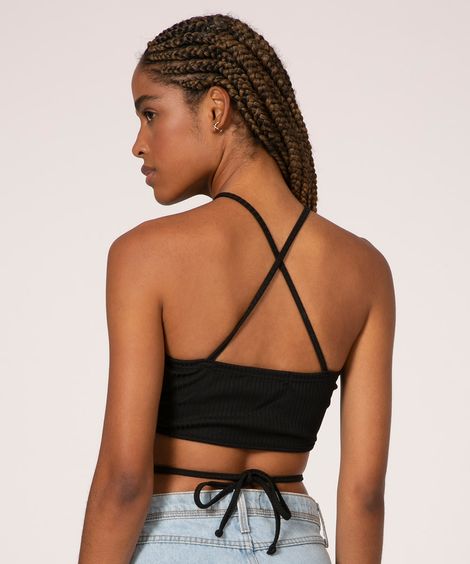 top cropped canelado com amarração  preto