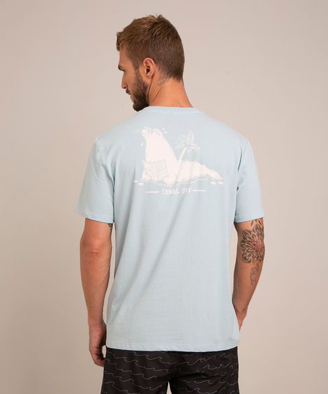 camiseta de algodão leão marinho manga curta gola careca canal off azul claro