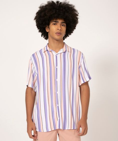 camisa relaxed de viscose listrada manga curta multicor