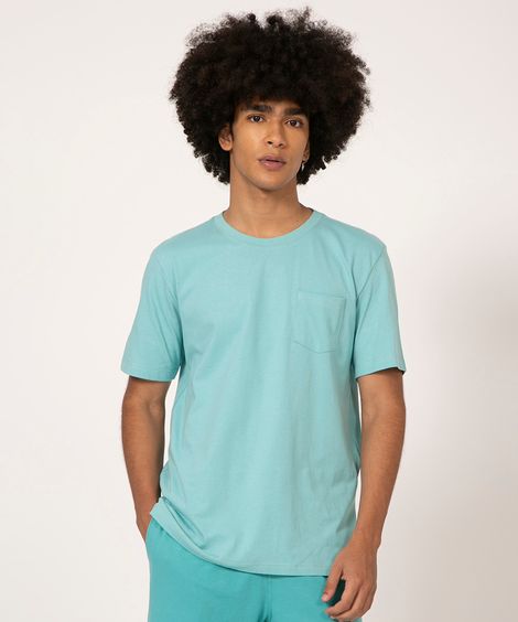 camiseta básica de algodão manga curta gola careca com bolso verde
