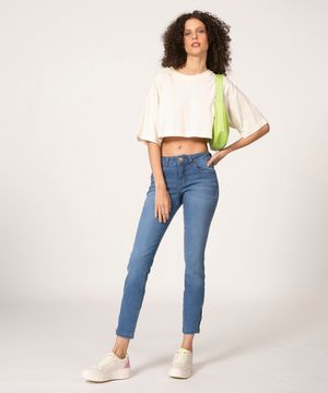 Calça Jeans Feminina Super Skinny com Zíper na Barra Azul Médio