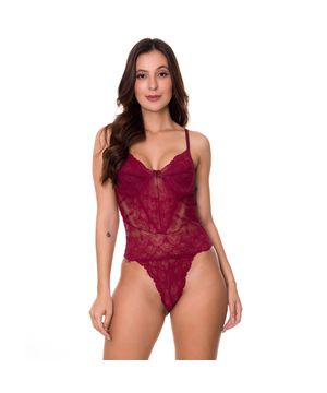 Body Sexy em Renda Lingerie Transparente Sem Bojo Moda de Baixo - CL5221 Vinho