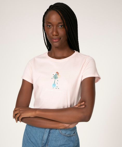 camiseta de algodão manga curta decote redondo estampa vaso de flores rosa claro