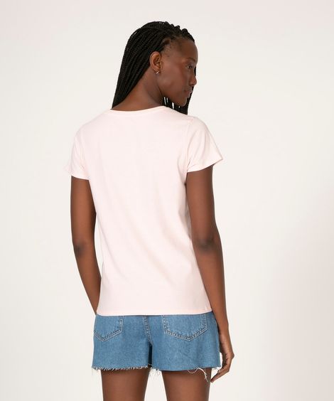 camiseta de algodão manga curta decote redondo estampa vaso de flores rosa claro