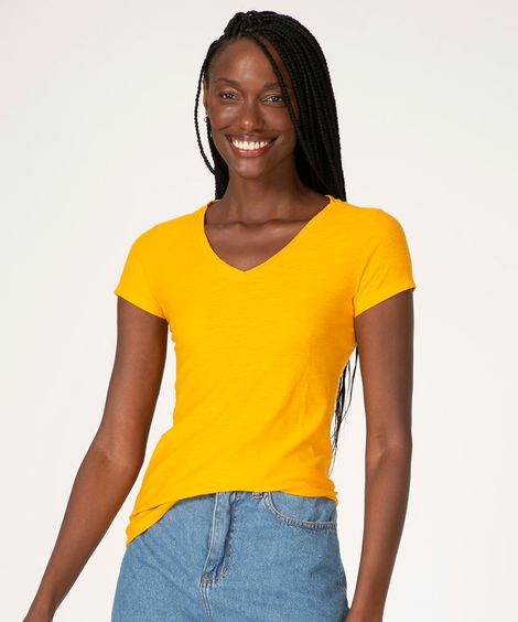 camiseta flamê de algodão básica manga curta decote v mostarda médio