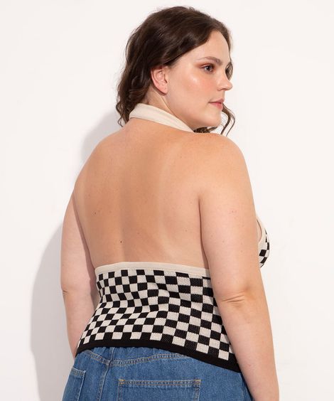 Colete Frente Única de Tricô Plus Size Estampado Quadriculado Decote V Mindset Bege