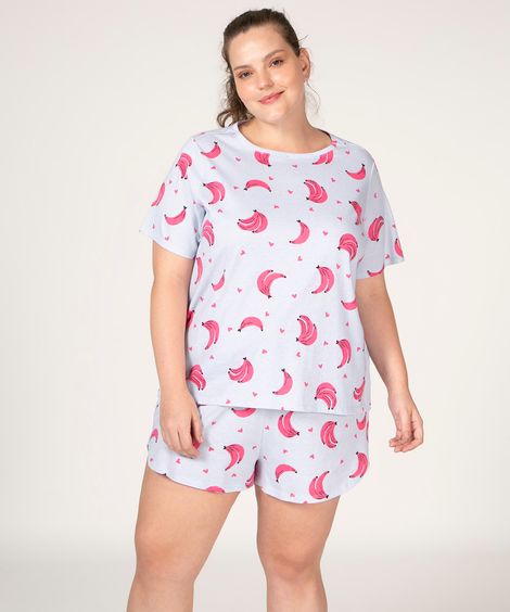 pijama plus size manga curta de algodão estampado banana azul claro