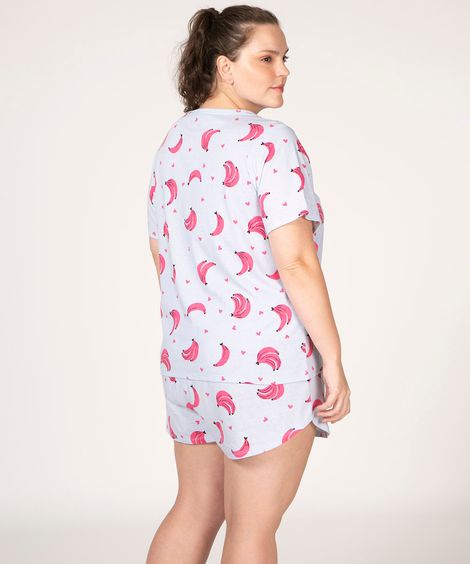 pijama plus size manga curta de algodão estampado banana azul claro