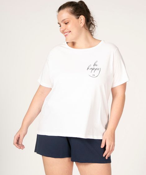 pijama plus size manga curta estampado be happy em algodão off white