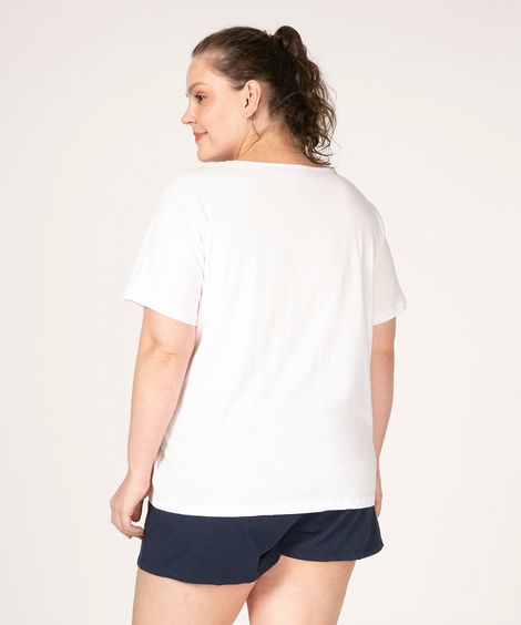 pijama plus size manga curta estampado be happy em algodão off white