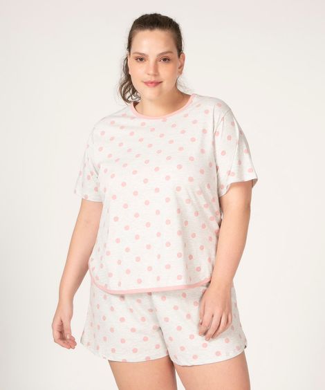 pijama plus size manga curta estampado poá em algodão rosa