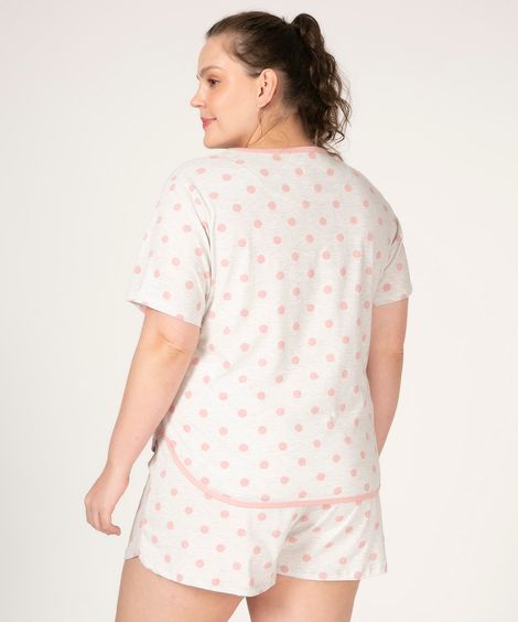pijama plus size manga curta estampado poá em algodão rosa