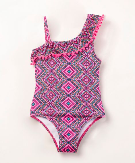 maiô infantil estampado étnico com babado com proteção uv50+ multicor
