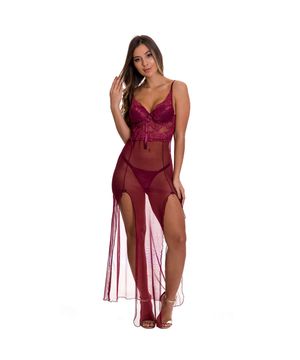 Camisola Longa Sensual Transparente em Tule e Renda com Bojo Moda de Baixo - ES212 Vinho