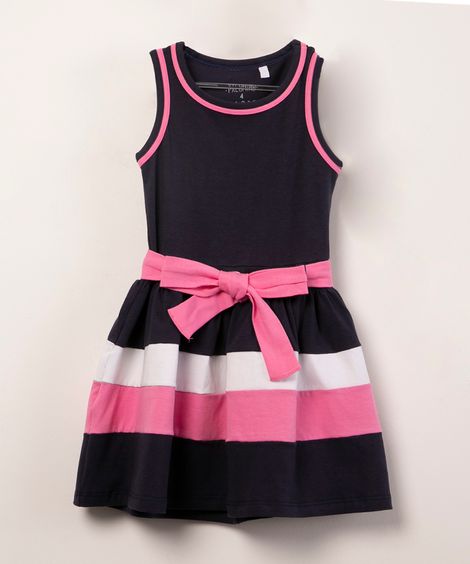 vestido infantil listrado com laço  azul marinho