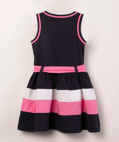 vestido infantil listrado com laço  azul marinho