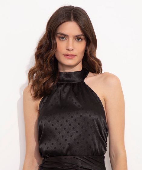blusa frente única de cetim poá gola alta mindset preta