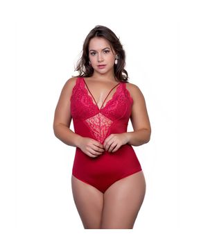 Body de Renda Plus Size com Compressão Abdominal Moda Baixo - PL291-PL292 Vermelho