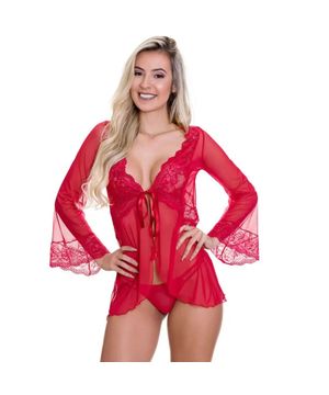 Robe Sexy Transparente em Tule e Renda Moda de Baixo - VC3329 Vermelho