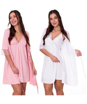 KIT 2 Camisolas Amamentação Gestante Pós Parto com Robe Rose + Moda de Baixo -