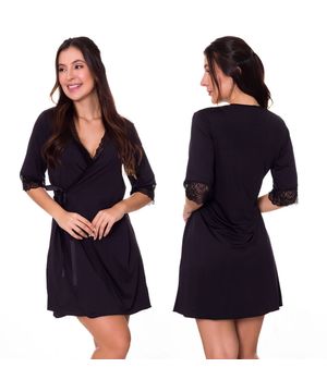 Camisola Amamentação Gestante com Robe Moda de Baixo - VF46-45 Preta