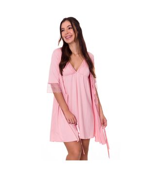 Camisola Amamentação Gestante com Robe Moda de Baixo - VF46-45 Rosa