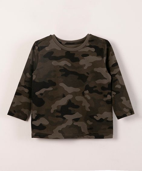 blusa infantil gola redonda manga longa estampado camuflado em algodão verde militar