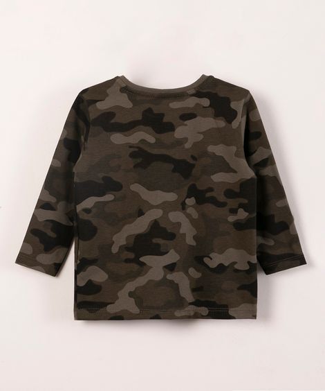 blusa infantil gola redonda manga longa estampado camuflado em algodão verde militar
